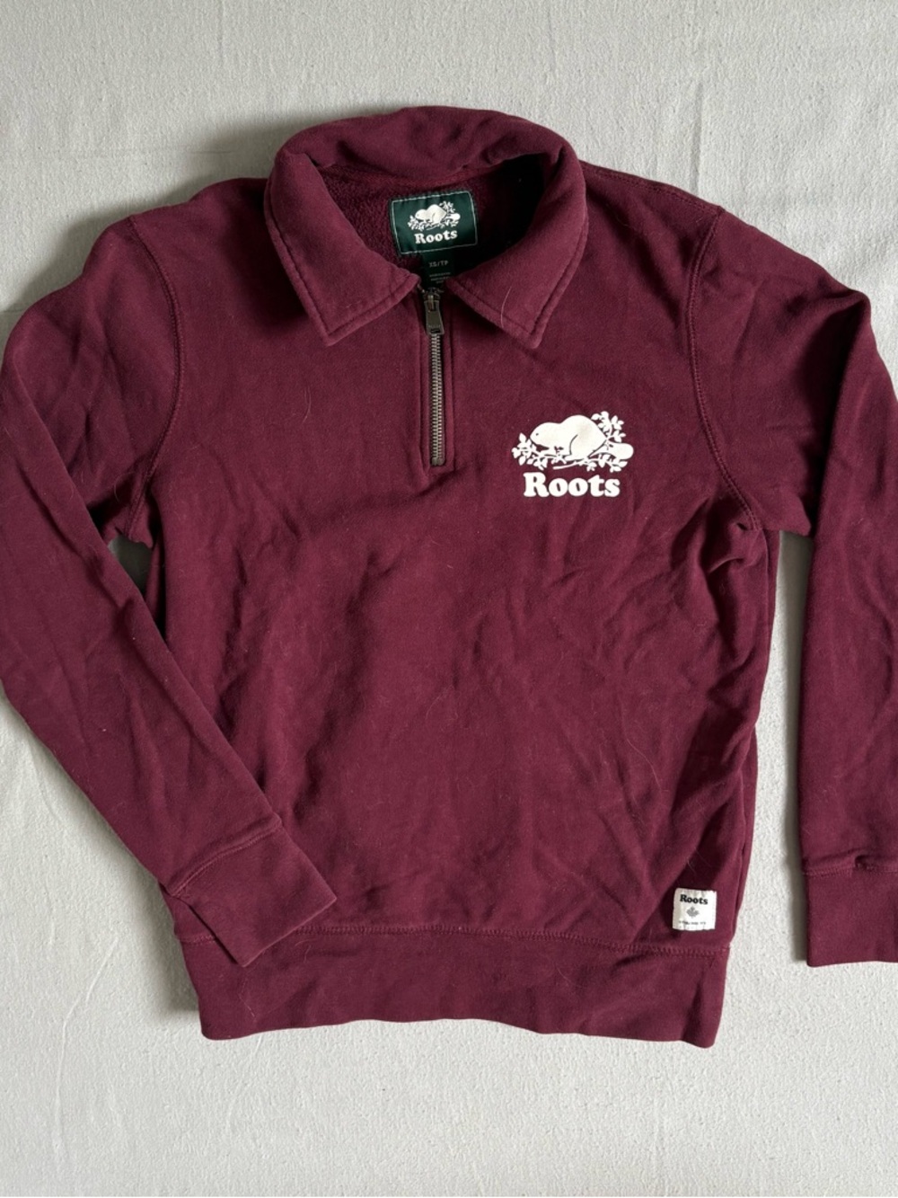Roots Quarter-Zip Collared Pullover in Burgundy with White Logo